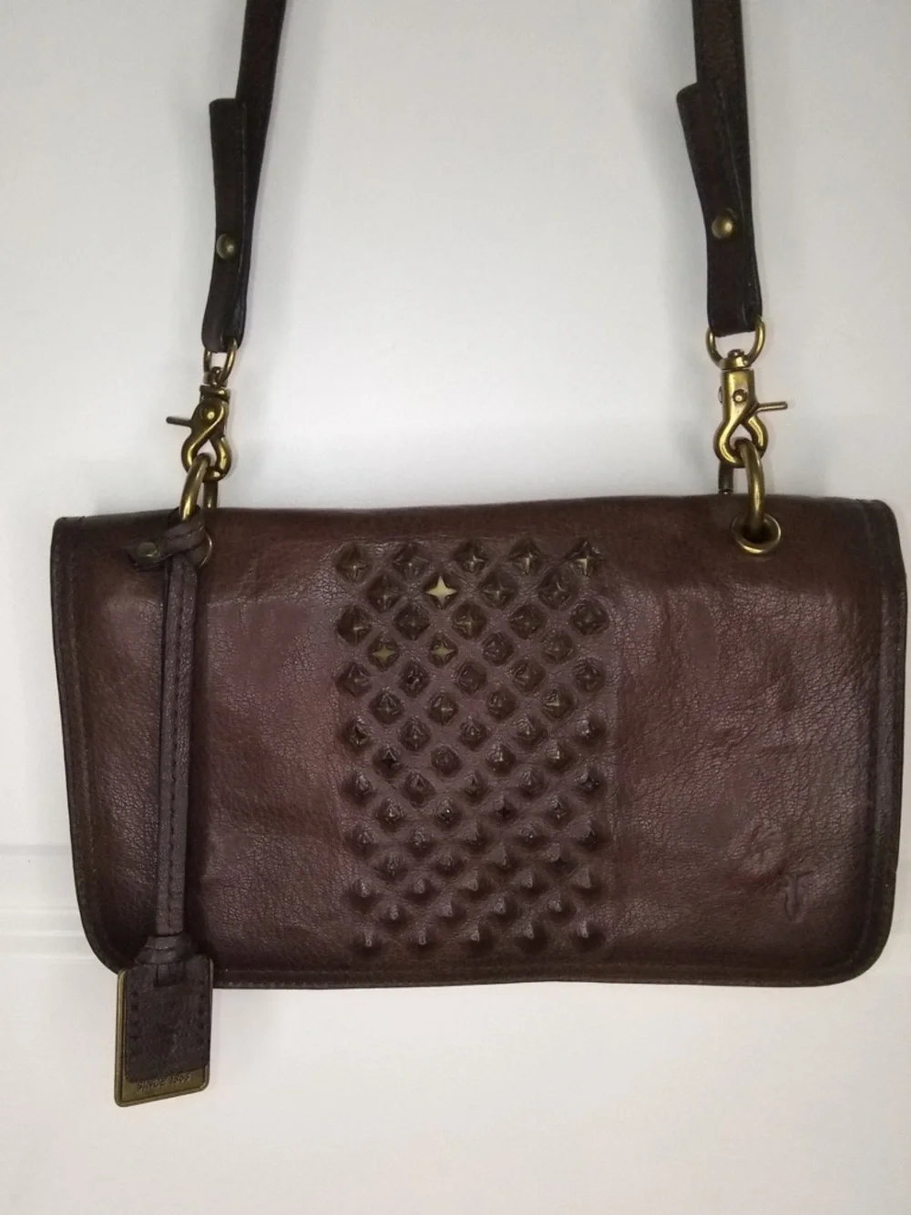 Frye Brown Leather Studded Crossbody Bag Boho Western Distressed Purse